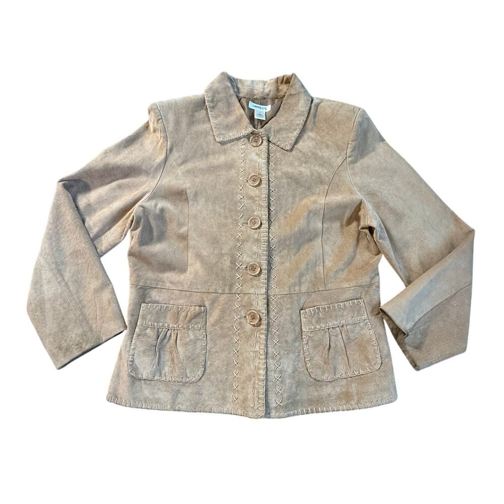Womens Tan Leather Suede Jacket By Harold's Pockets Stitching Design Sz L Button